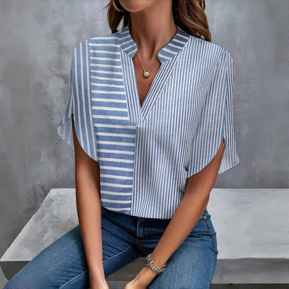 Summer New Stand Collar Pullover Striped Printed Casual Shirt
