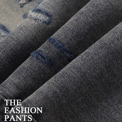 Worn Looking Washed-out Hole Patch Trendy Brand Embroidered Slim Fit Jeans