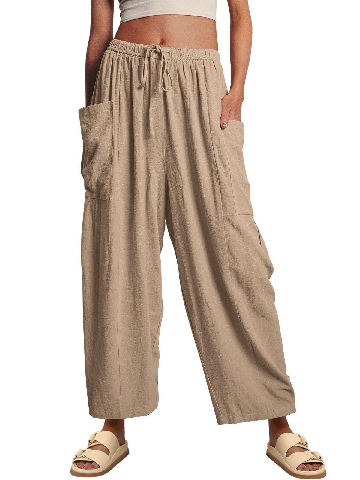 Stretched-waist Pleated High-waisted Wide-leg Loose Casual Cotton And Linen Long Pants