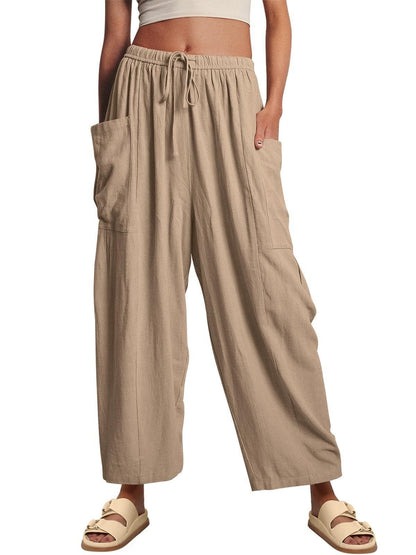 Stretched-waist Pleated High-waisted Wide-leg Loose Casual Cotton And Linen Long Pants