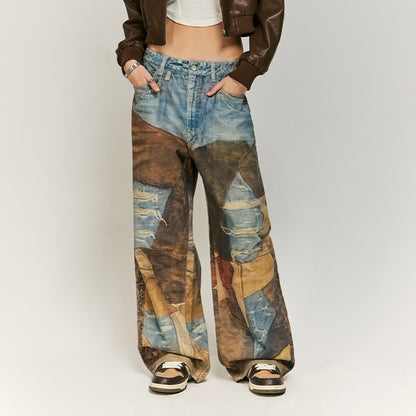 Vintage Patch Digital Printing Jeans Pure Cotton Casual Pants