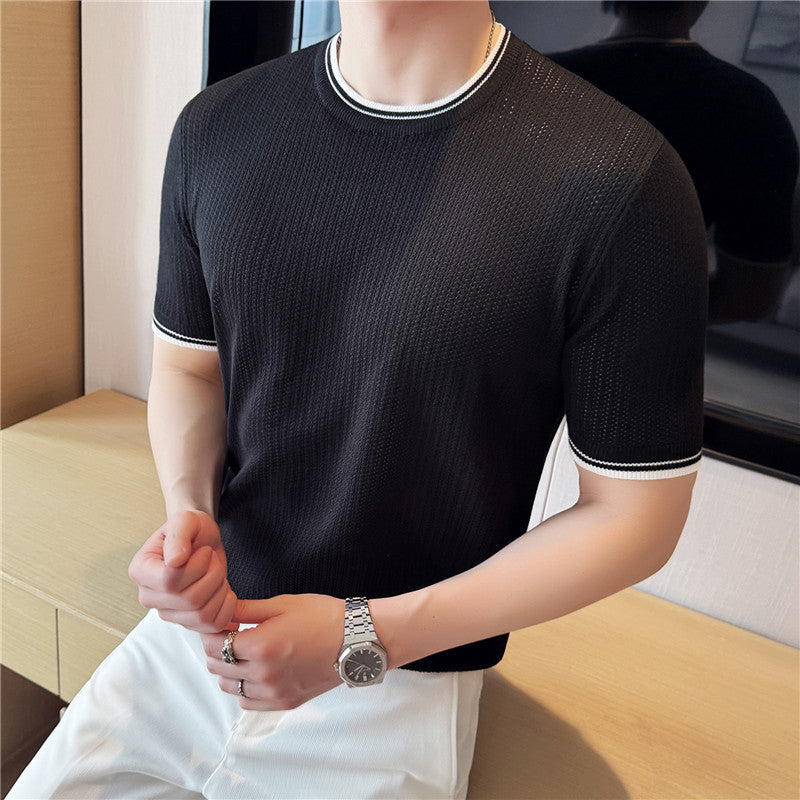 Men's Round Neck Contrast Color Stretch Knitted T-shirt
