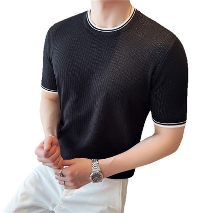 Men's Round Neck Contrast Color Stretch Knitted T-shirt