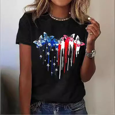 Independent Love Wine Glass Printing Summer Leisure Loose-fitting Women's Short Sleeve