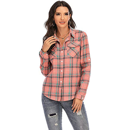 European And American Retro Plaid Women's Clothing All-matching Lapel Long Sleeve Shirt Coat