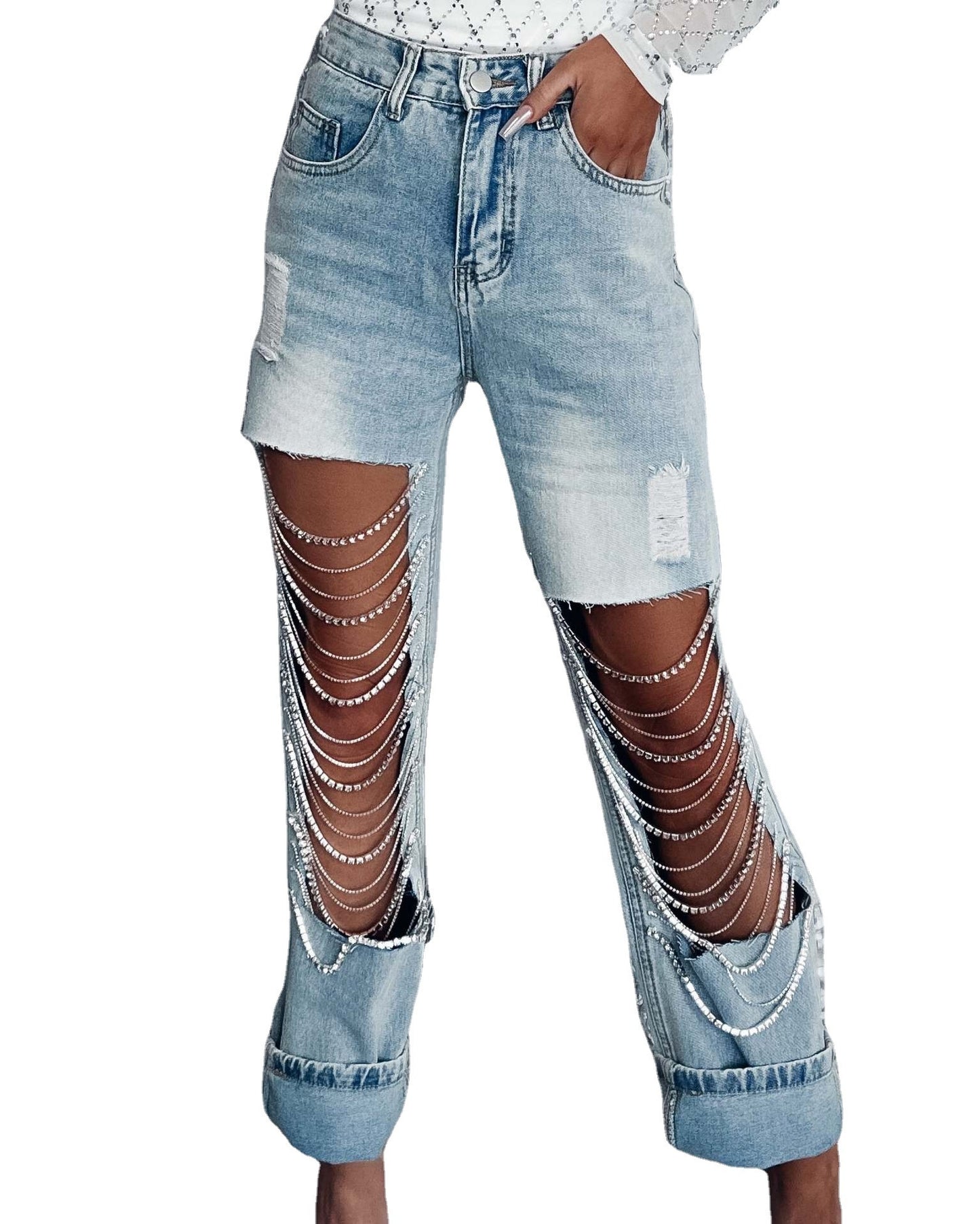 Big Ripped Jeans Women's Chain Ornaments Straight-leg Pants