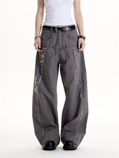 American Retro Style Wool Tassel Deconstructive Design Jeans