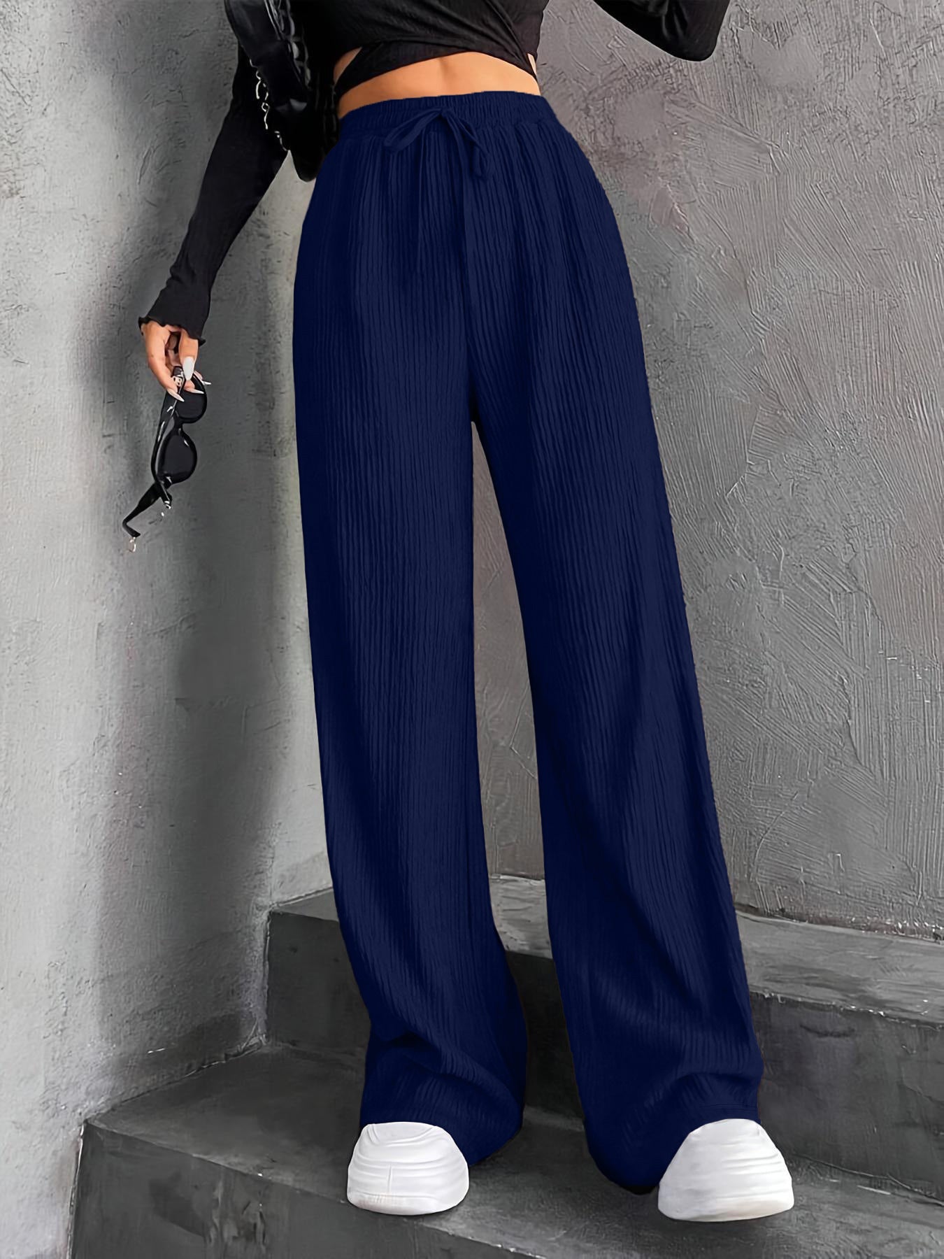 New Women's Elastic Waist Pinstripe Road Straight Wide Leg