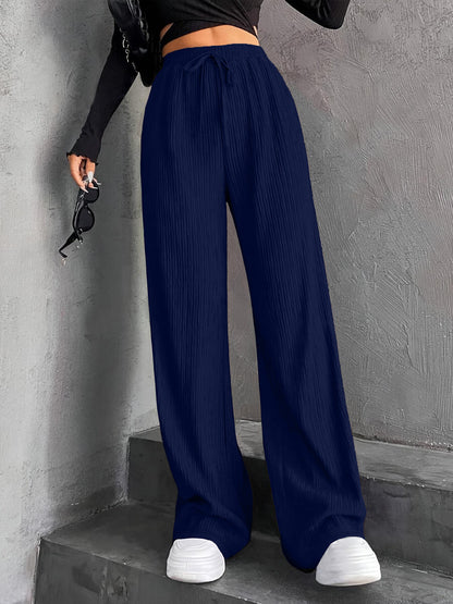 New Women's Elastic Waist Pinstripe Road Straight Wide Leg