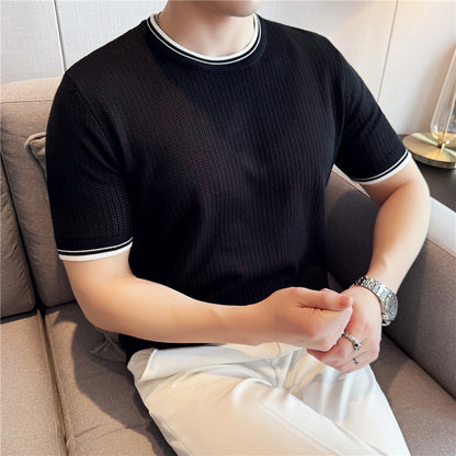 Men's Round Neck Contrast Color Stretch Knitted T-shirt