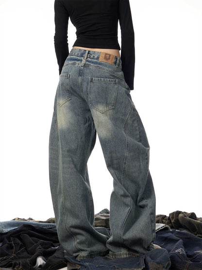 Women's Wide Leg Retro Washed Worn Jeans