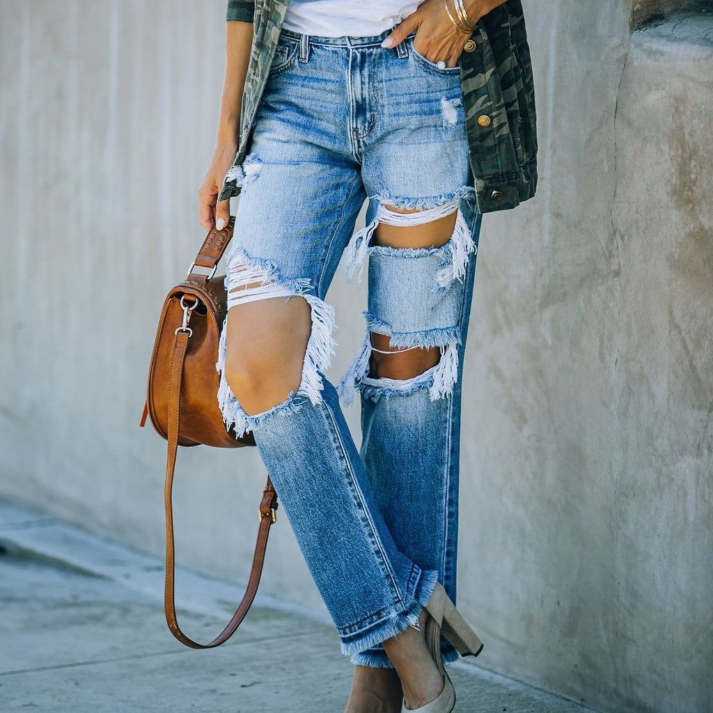 Ripped Foot Burr Fashion Straight Pants