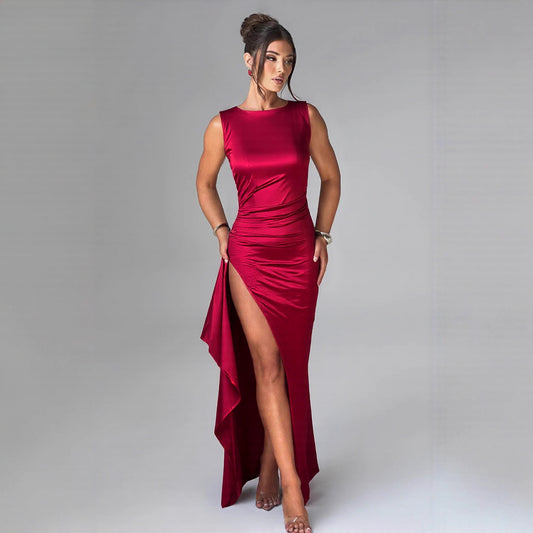 Women's Solid Color Backless Round Neck Sleeveless High Slit Dress