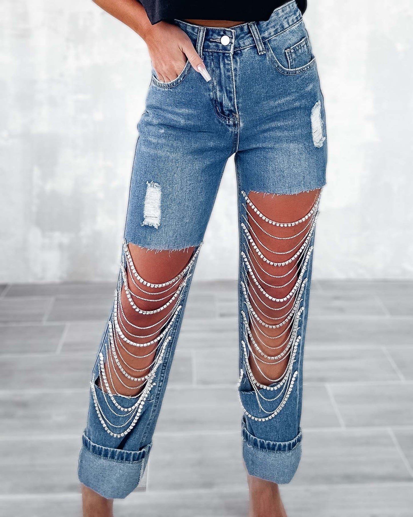 Big Ripped Jeans Women's Chain Ornaments Straight-leg Pants