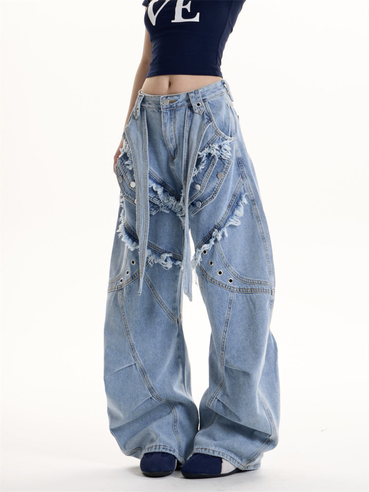 American Retro Heavy Industry Mechanical Style Deconstruction Cargo Jeans