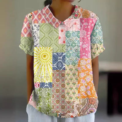 Women's Floral Stitching National Style Printing Lapel Short Sleeve