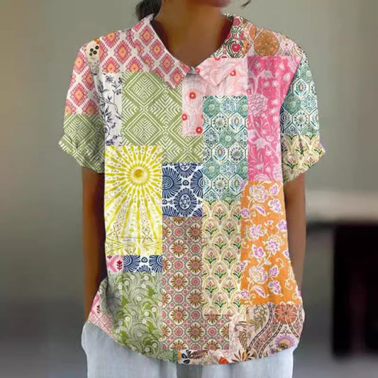 Women's Floral Stitching National Style Printing Lapel Short Sleeve