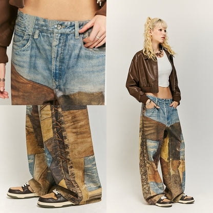 Vintage Patch Digital Printing Jeans Pure Cotton Casual Pants