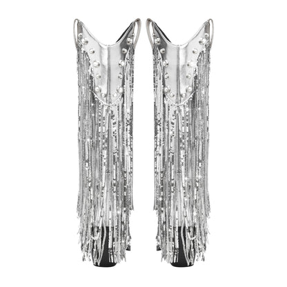 Sequin Tassel Pointed Sleeve High Leg Boot