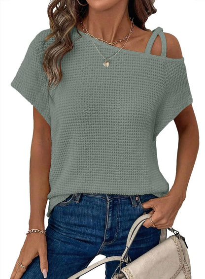 Women's Short-sleeved Solid Color Top Fashionable All-match Off-shoulder Knitted T-shirt