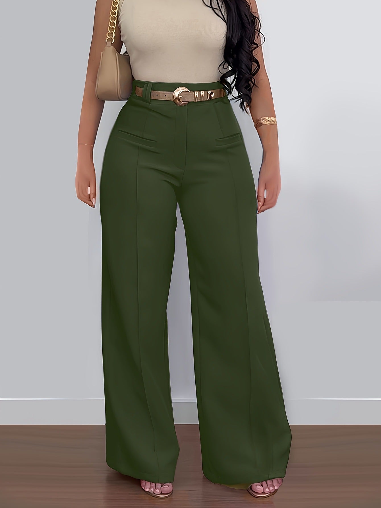 Women's Casual Solid Color Wide Leg Pants Polyester Fabric