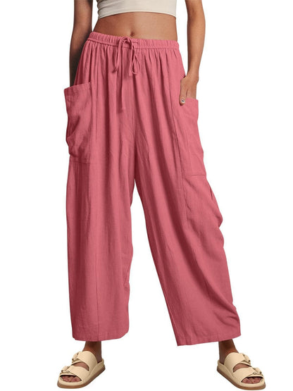 Stretched-waist Pleated High-waisted Wide-leg Loose Casual Cotton And Linen Long Pants