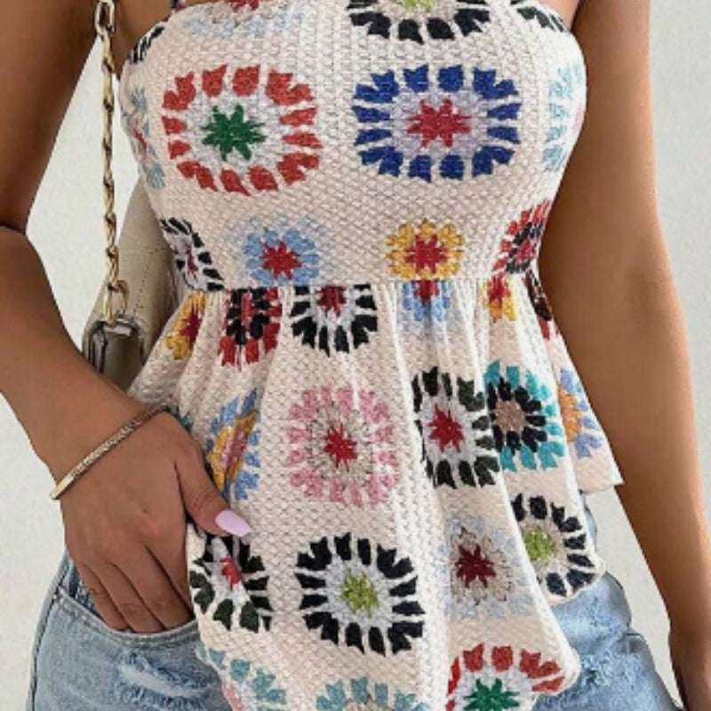 Women's Vacation Hibiscus Printed Ruffle Hem Casual Camisole Top Graphic Tees