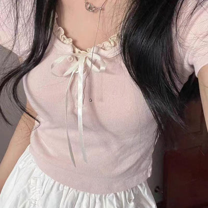 Women's Summer Sweet Bow Lace Short-sleeved Top T-shirt
