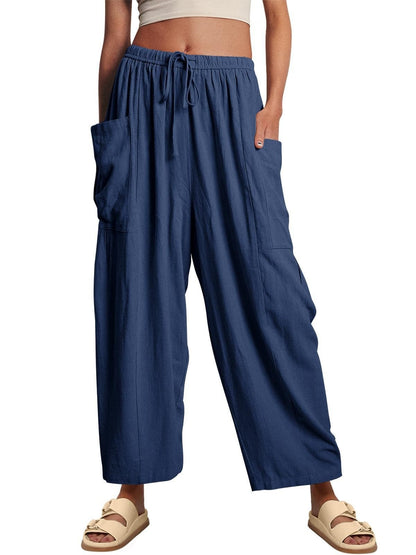 Stretched-waist Pleated High-waisted Wide-leg Loose Casual Cotton And Linen Long Pants