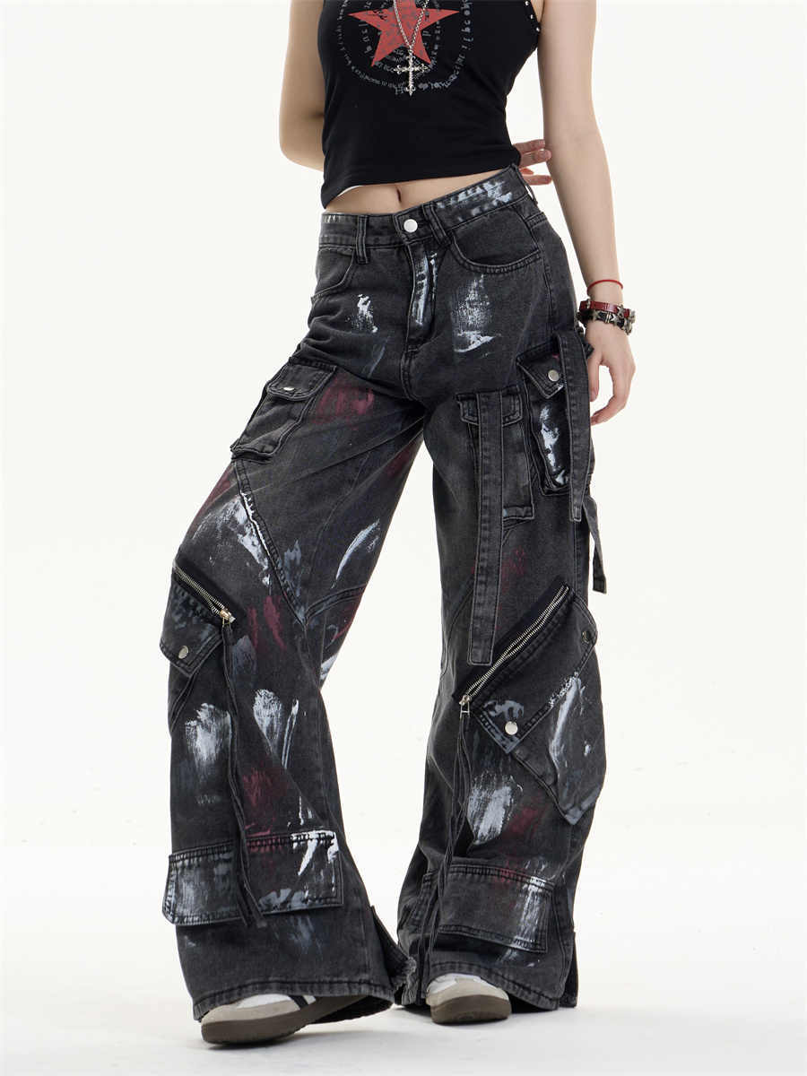 Multi-Pocket Workwear Jeans Women's Loose Wide-leg Pants