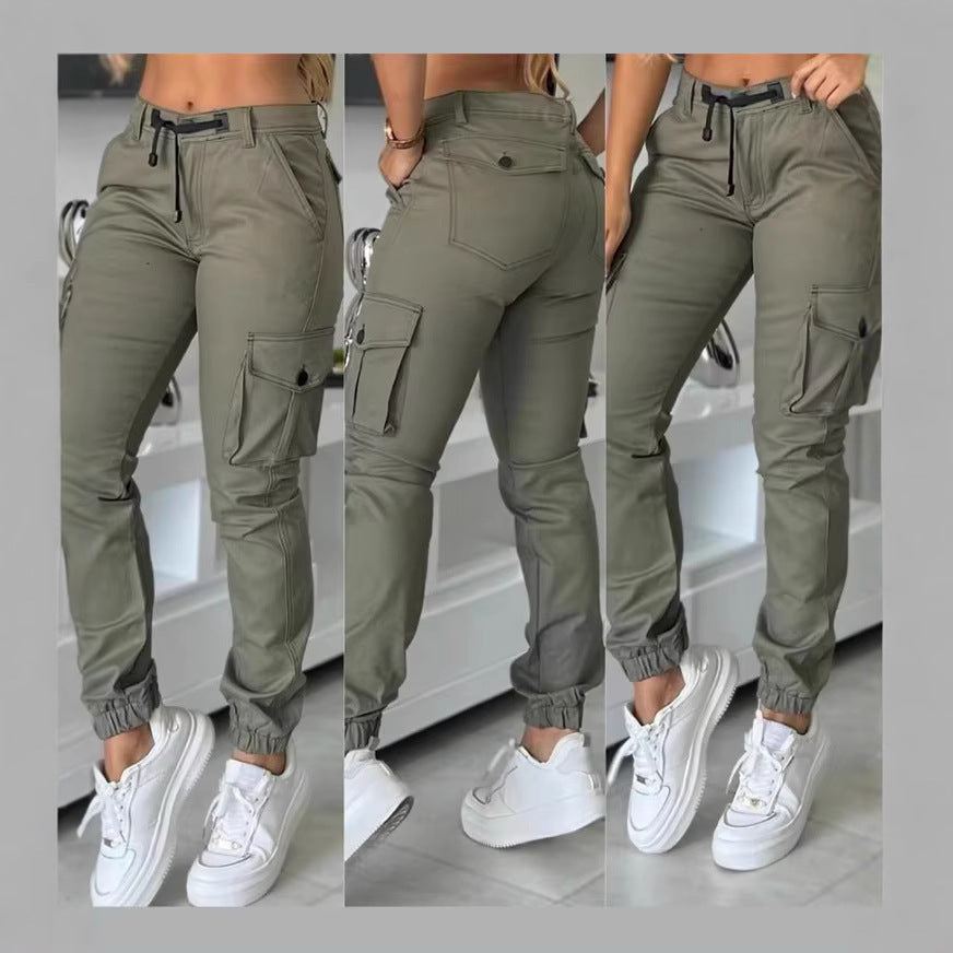 Europe And America Cross Border Fashion Work Clothes Multi-pocket Army Green Ankle-tied Casual Slim Trousers
