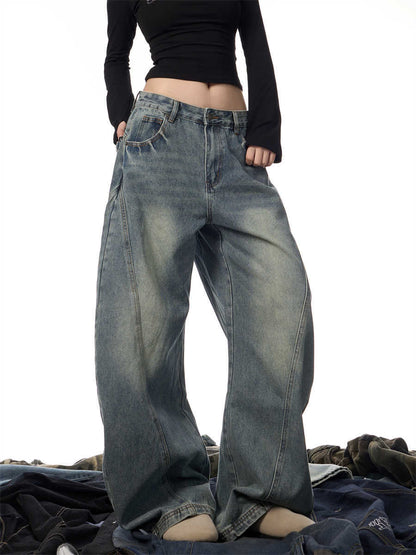 Women's Wide Leg Retro Washed Worn Jeans