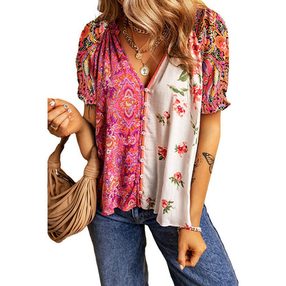 Fashion Floral Printed V-neck Single-breasted Shirt