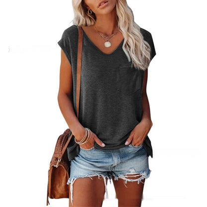 Women's Solid Color Vest Pocket V-neck Short-sleeved T-shirt With Shoulder