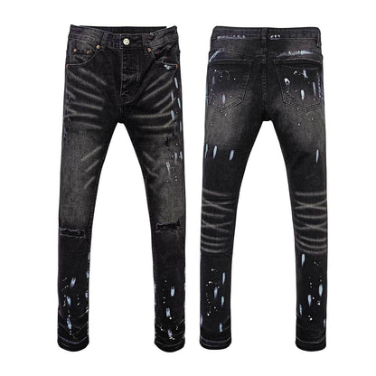 American High Street Ripped Stretch Paint Splash Straight Jeans Men