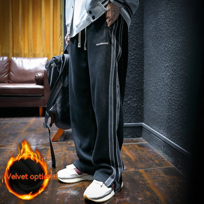 Fleece-lined Thickened Zipper Pocket Straight Sports Pants Men