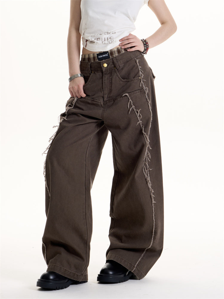 American Retro Style Wool Tassel Deconstructive Design Jeans