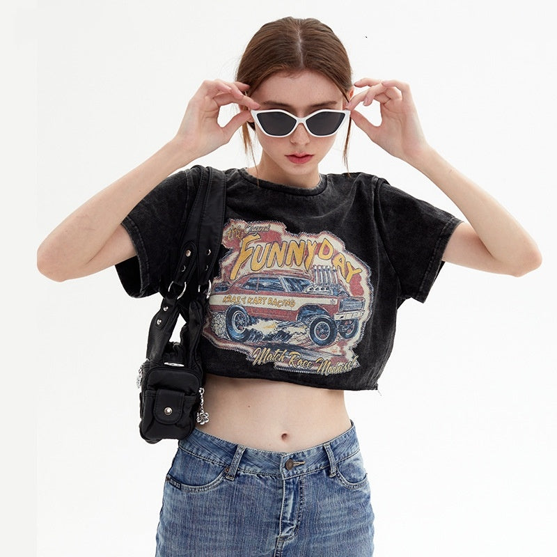 Retro Distressed Printed Short Sleeve Round Neck Shoulder Width Loose