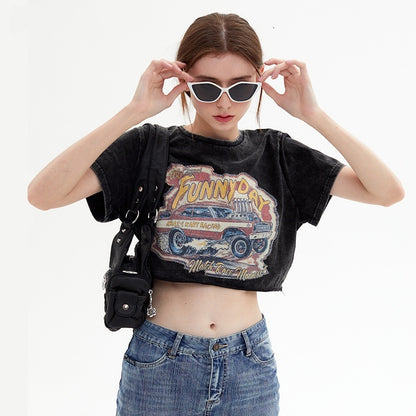 Retro Distressed Printed Short Sleeve Round Neck Shoulder Width Loose