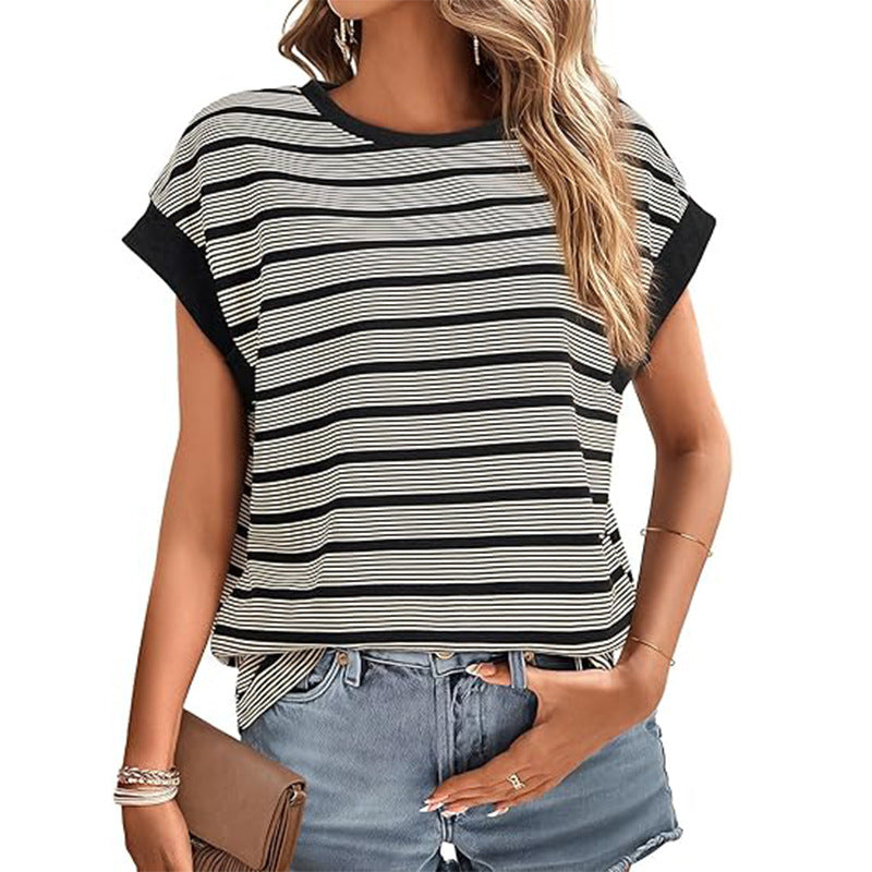 Women's Clothing Stylish Loose Round Neck Stripe Knitted T-shirt