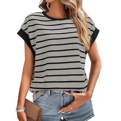 Women's Clothing Stylish Loose Round Neck Stripe Knitted T-shirt