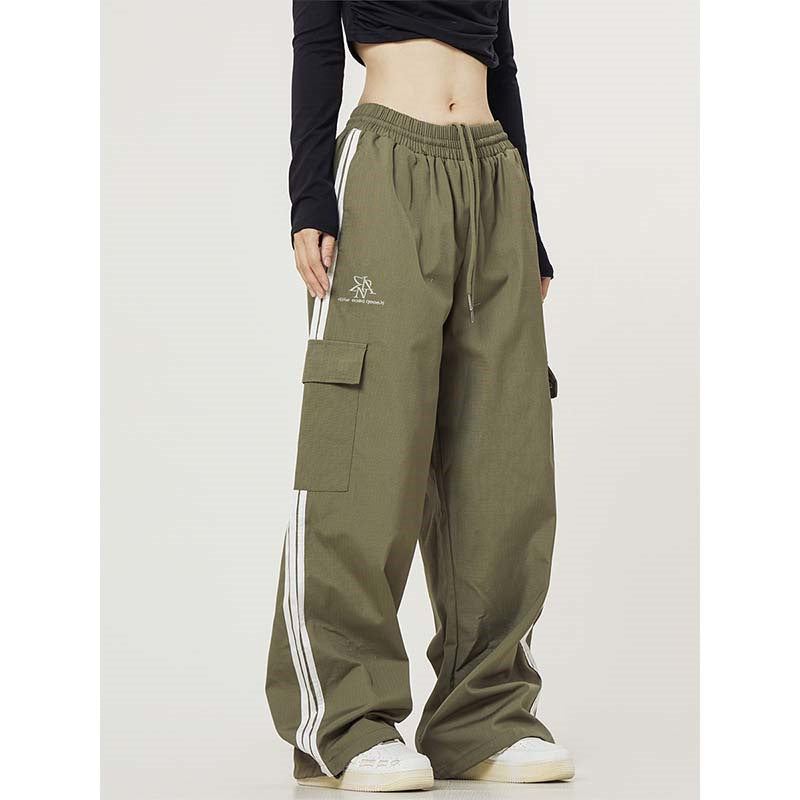 Retro Side Striped Overalls Women's Straight Casual Pants