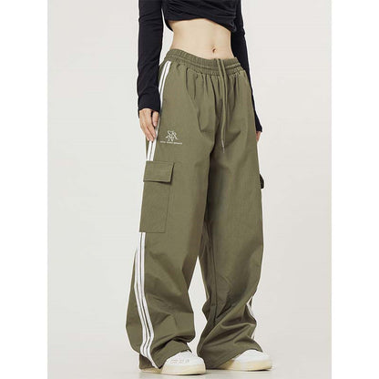 Retro Side Striped Overalls Women's Straight Casual Pants