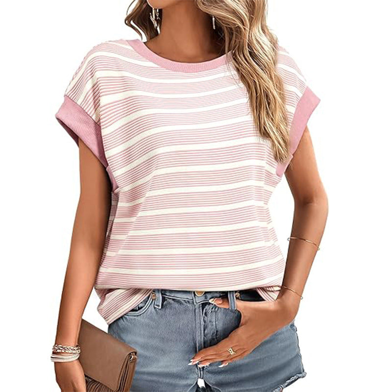 Women's Clothing Stylish Loose Round Neck Stripe Knitted T-shirt