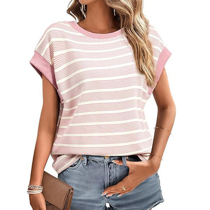 Women's Clothing Stylish Loose Round Neck Stripe Knitted T-shirt