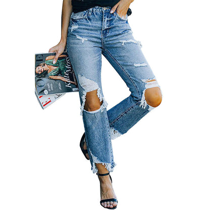 Autumn Ripped Jeans For Women European And American Personalized Knee-exposed Tight High Waist Trousers For Women