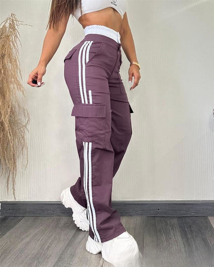 Partial Contrast Color Double Waist Leisure Sports Ribbon Wide-leg Overalls