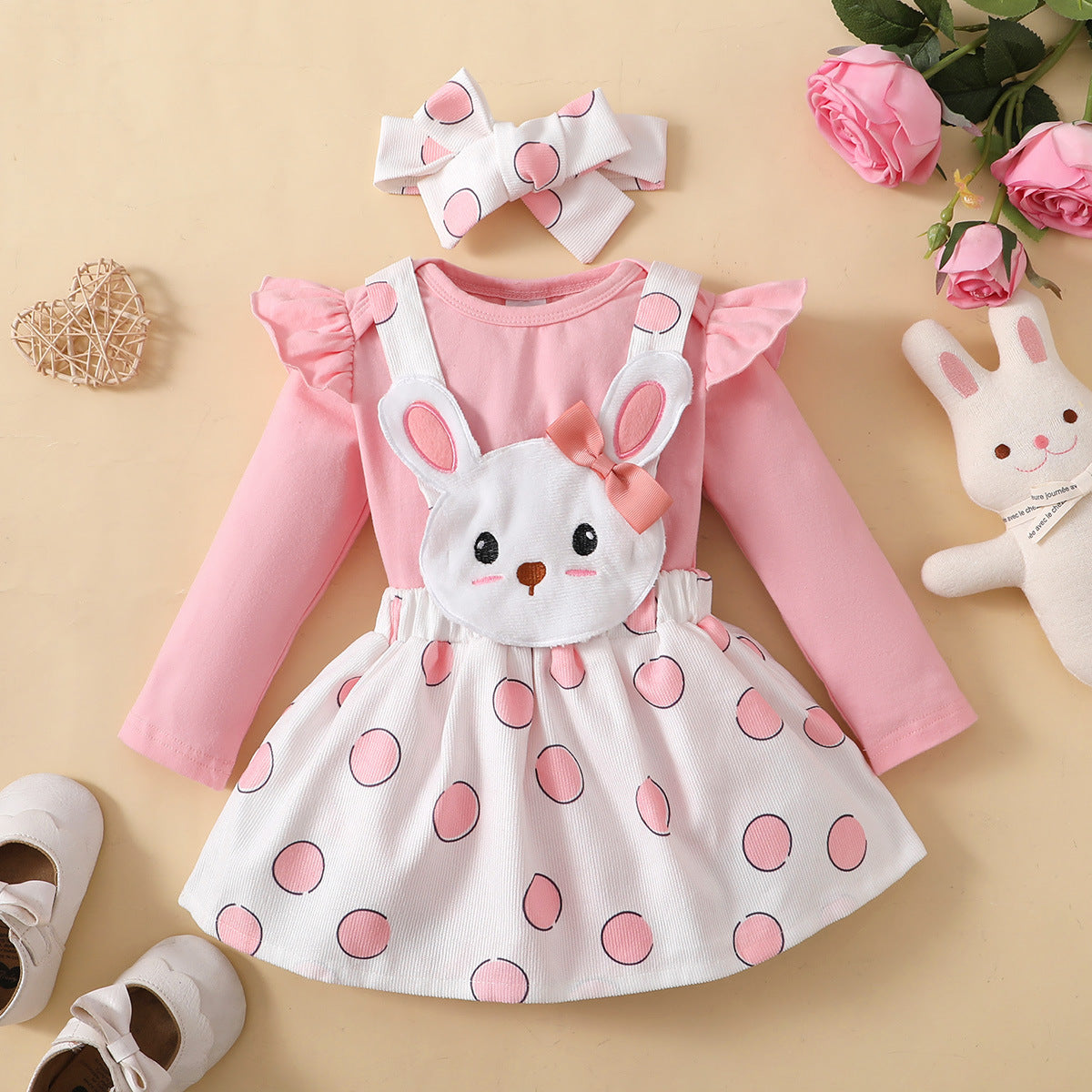 Polka Dot Rabbit Affixed Cloth Embroidered Suspender Skirt Outfit