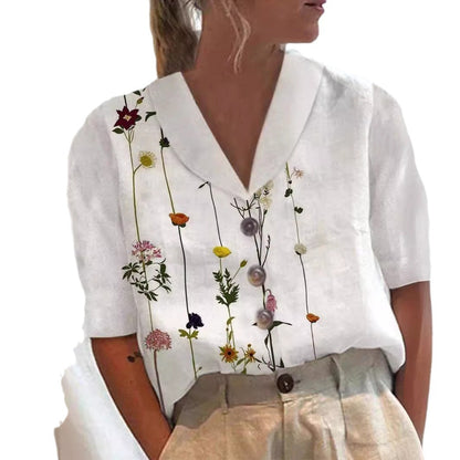 Women's Stand Collar Button Casual Half-sleeve Cotton And Linen Printed Short-sleeved Shirt