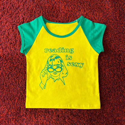 Contrast Color Round Neck Letter Print Slim Fit Short Slimming Navel-exposed Casual Top